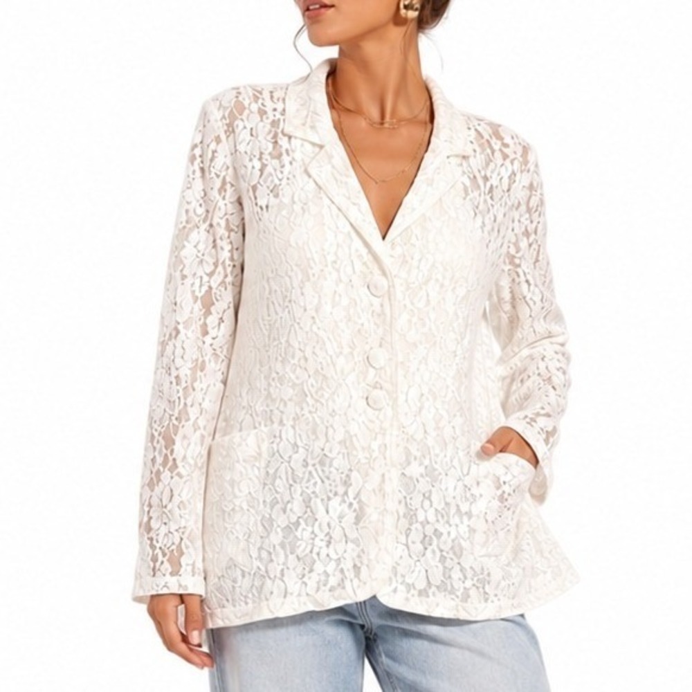 Sandi Kent Lace Blazer Women L Cream Vintage Floral Sheer Romantic Jacket Light
